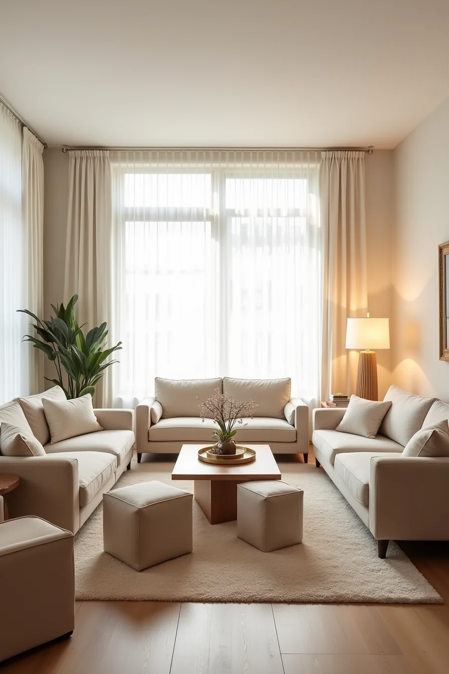 Living room with sofa, four individual chairs, ottomans, and coffee table arranged with clear pathways and open perimeter