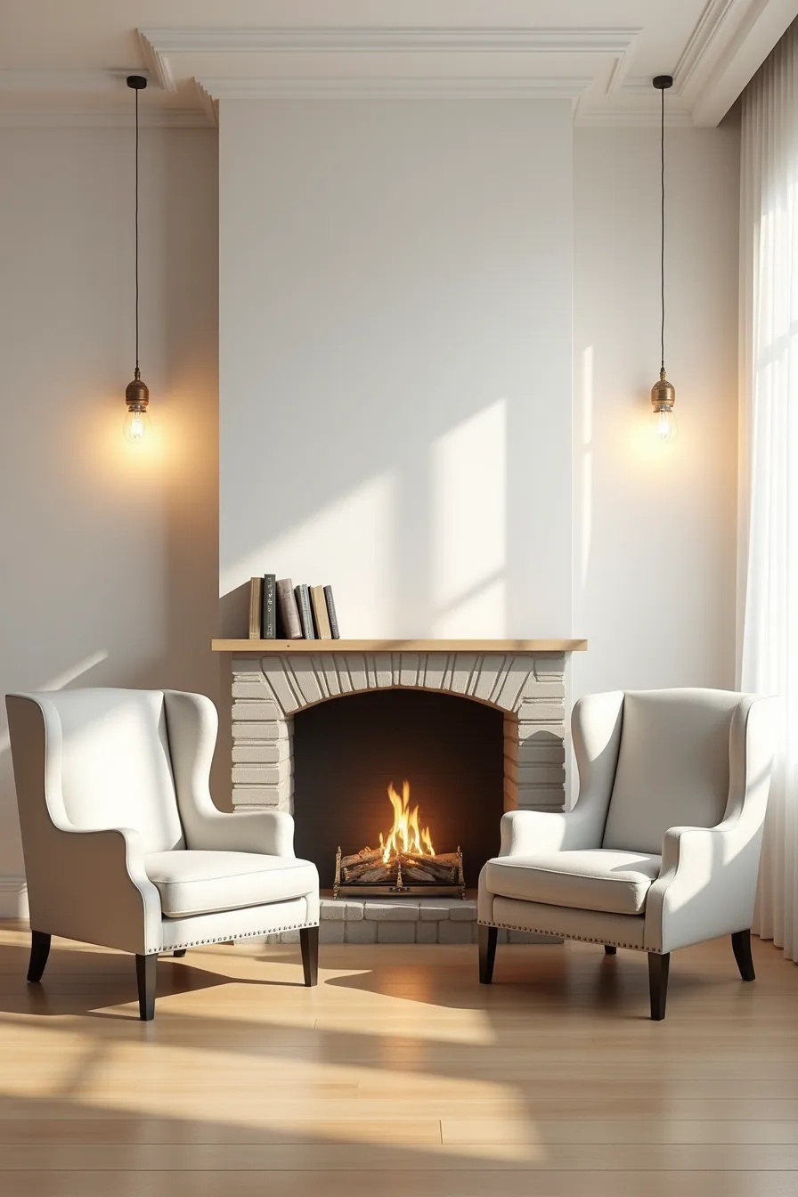 Fireplace with stone surround, two wingback chairs angled toward it, flanking side tables, and minimal mantel styling.