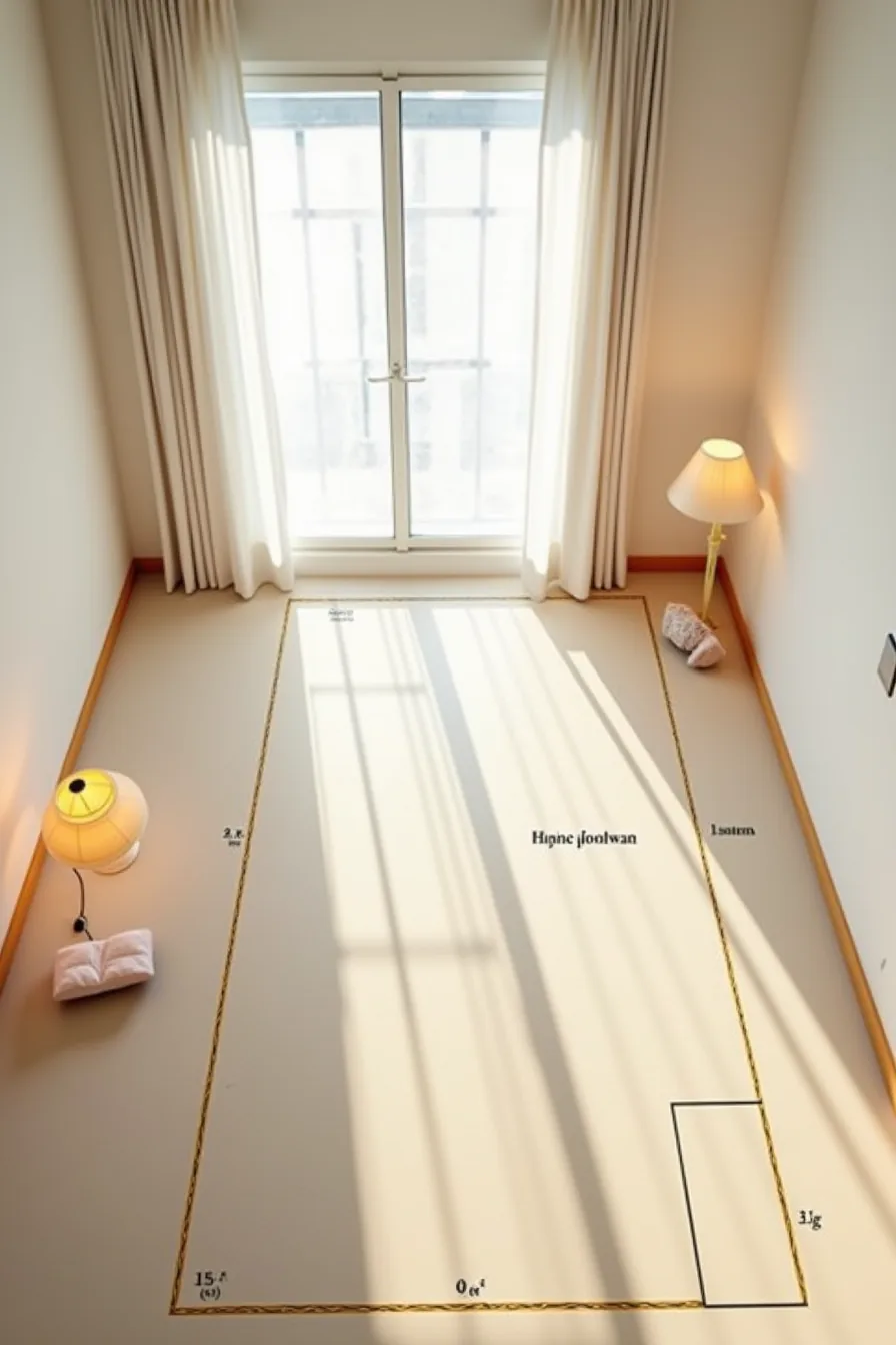 Overhead floor plan schematic with door, window, outlet marks, furniture footprints, and measurement tape for layout