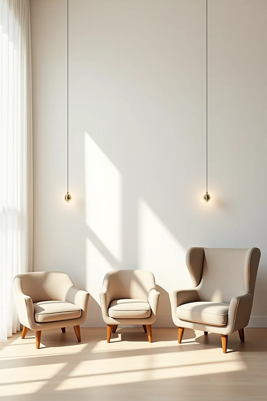 Three armchairs in increasing sizes: barrel, wingback, and club chair, arranged in a row and viewed from above.