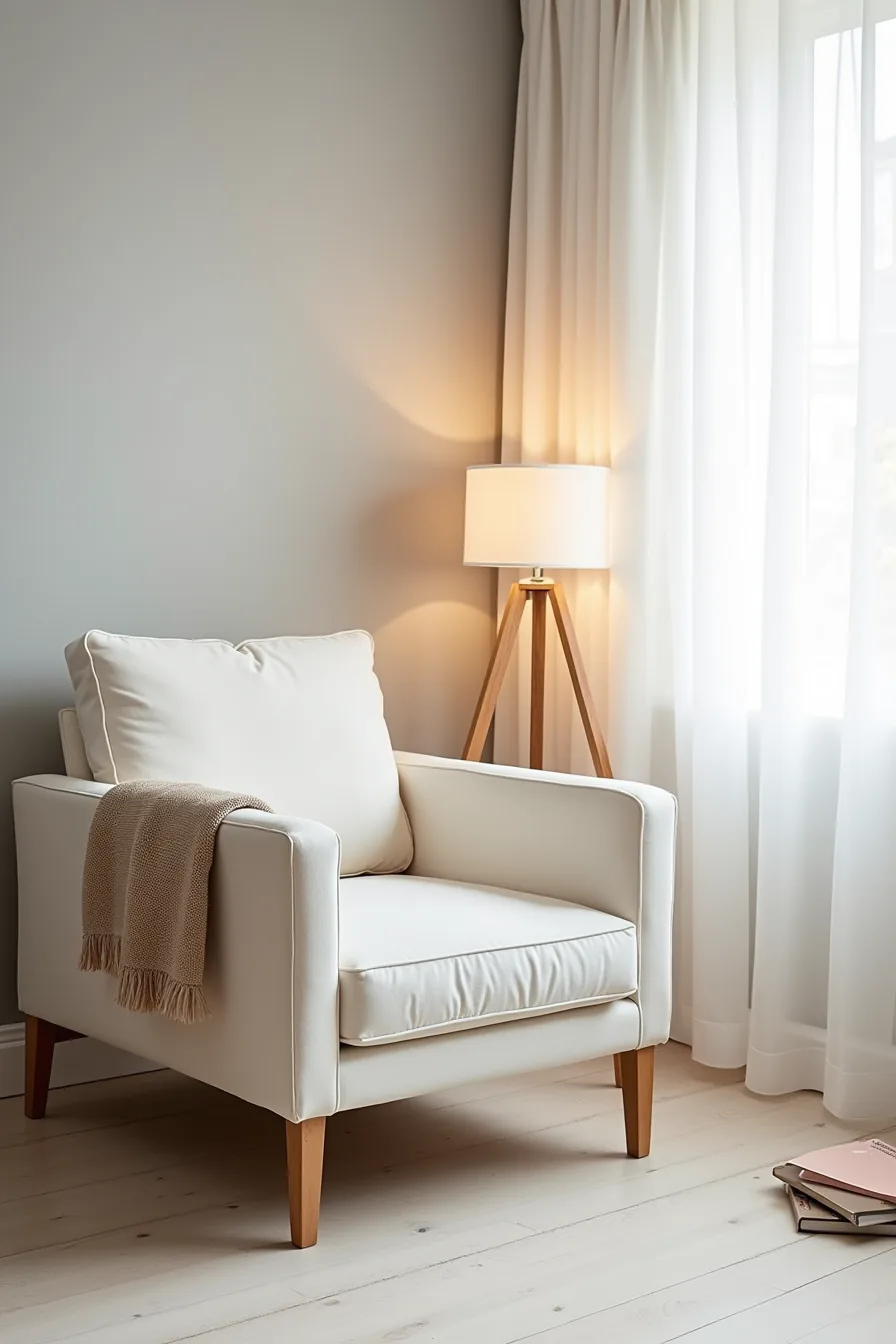 Cream linen armchair with track arms and woven throw draped over one side against a gray wall.