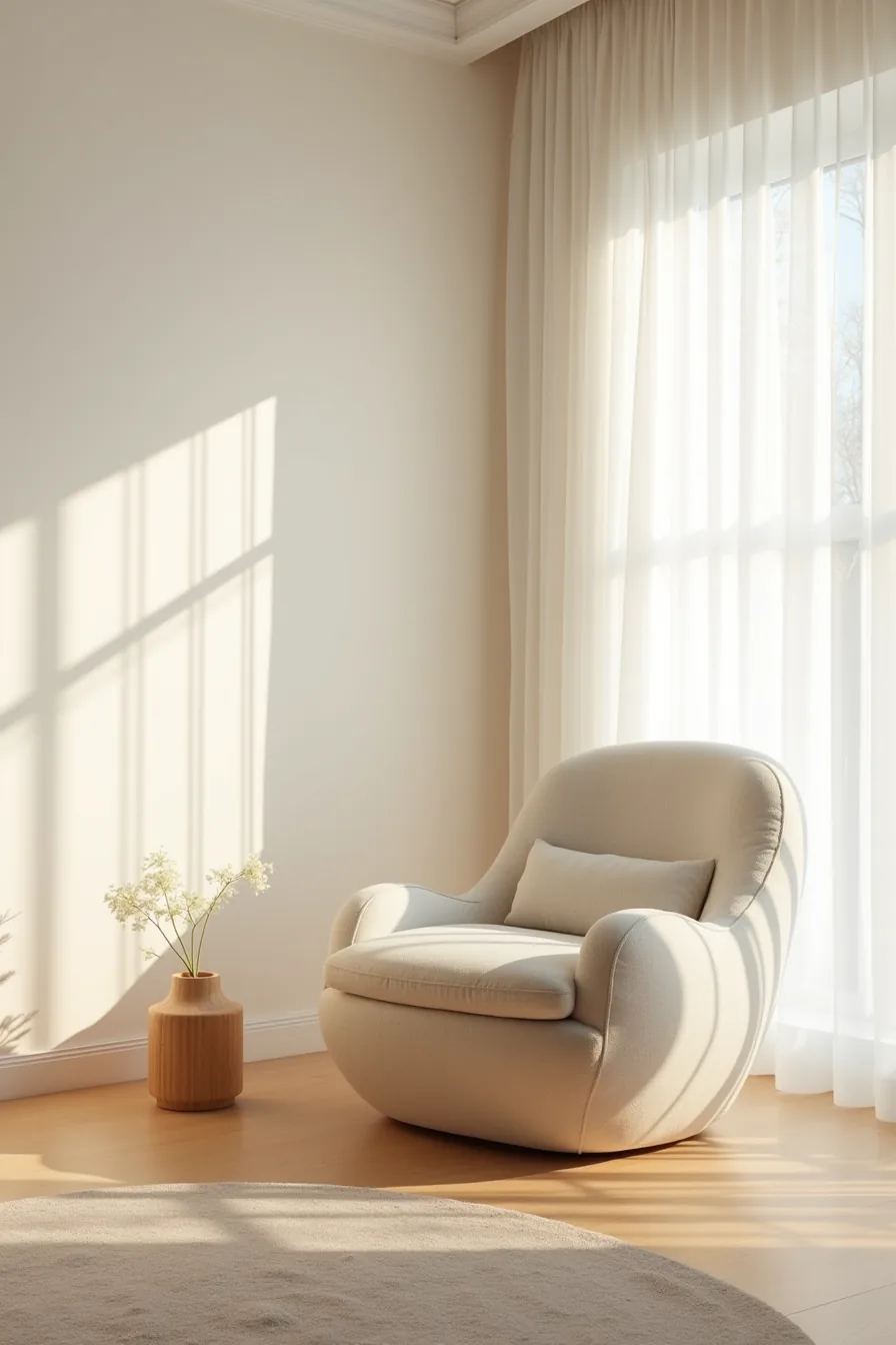 Sculptural mid-century modern armchair with curved frame placed in a corner of a light room.