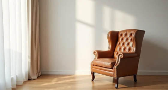 Tufted leather wingback chair with brass nailhead trim on wooden floor, lit from the left.