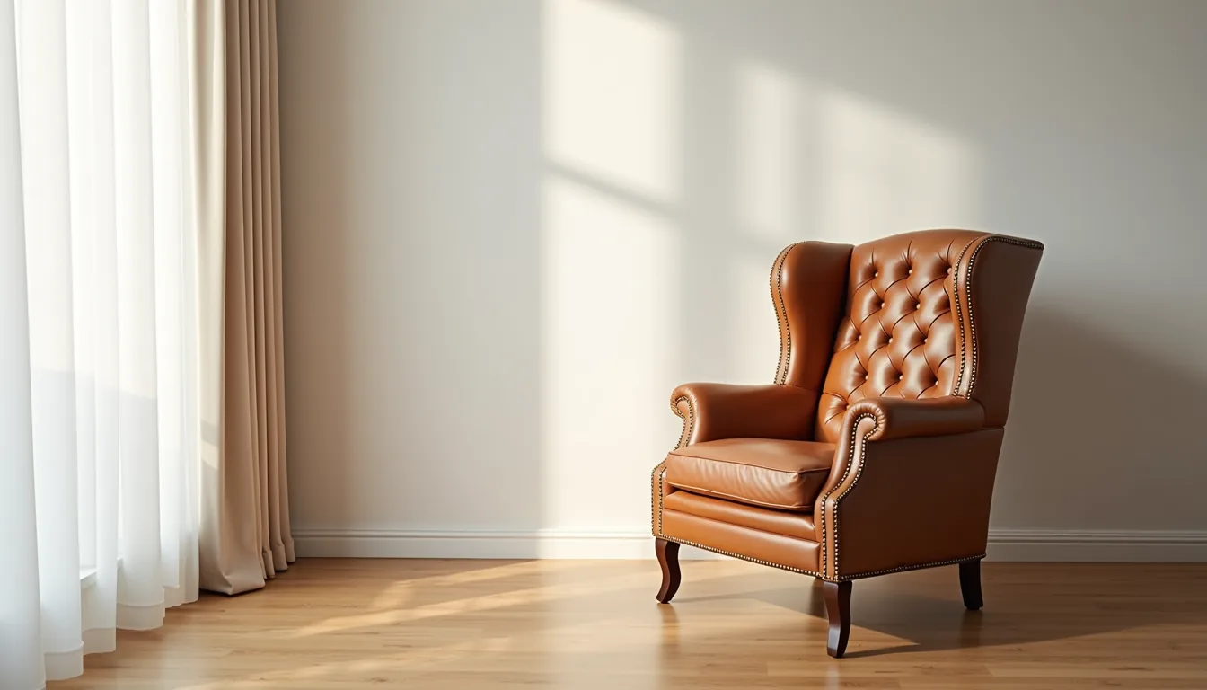 Tufted leather wingback chair with brass nailhead trim on wooden floor, lit from the left.