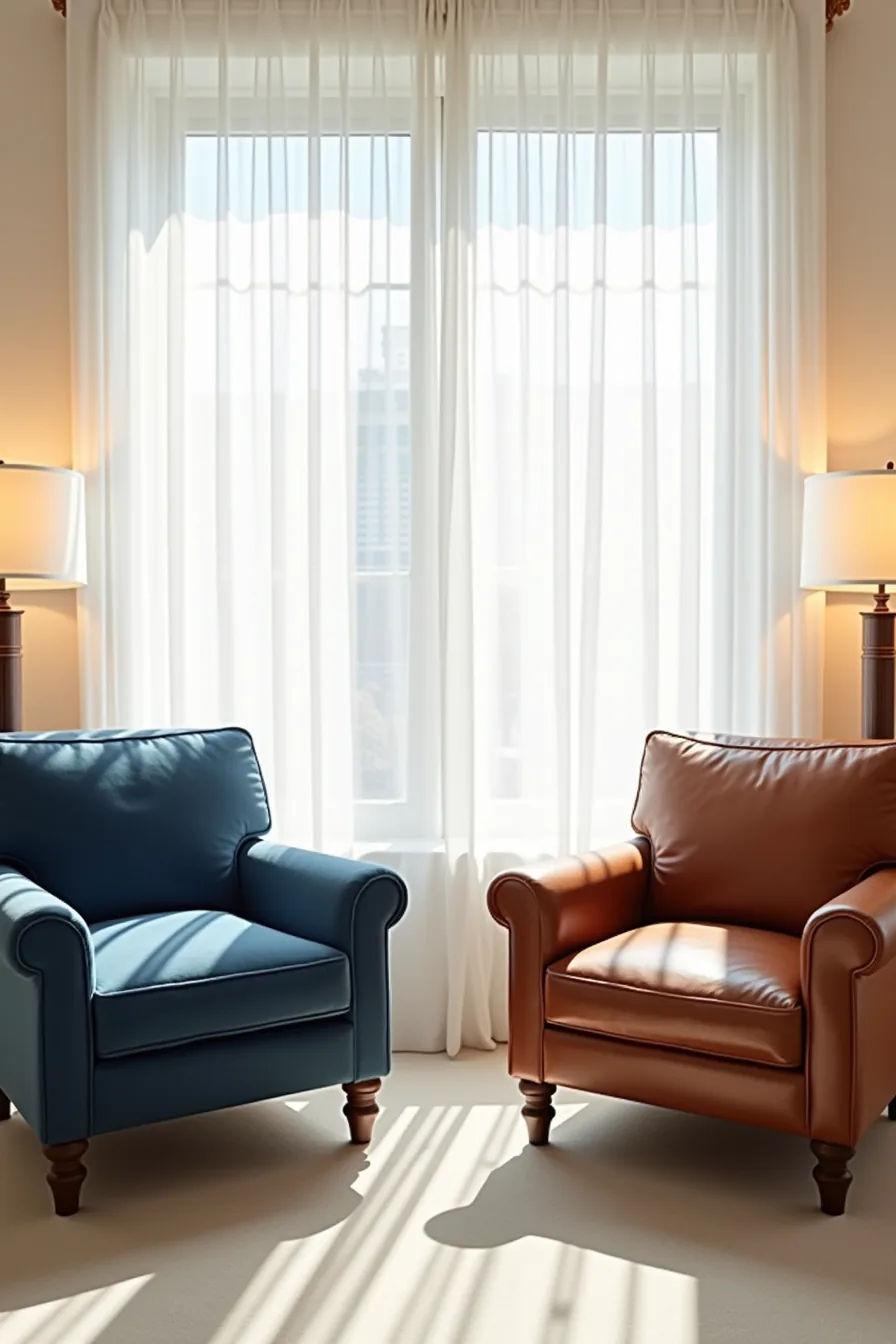 Deep blue velvet armchair beside cognac leather armchair, both with rolled arms, shot from above to show fabric contrast.