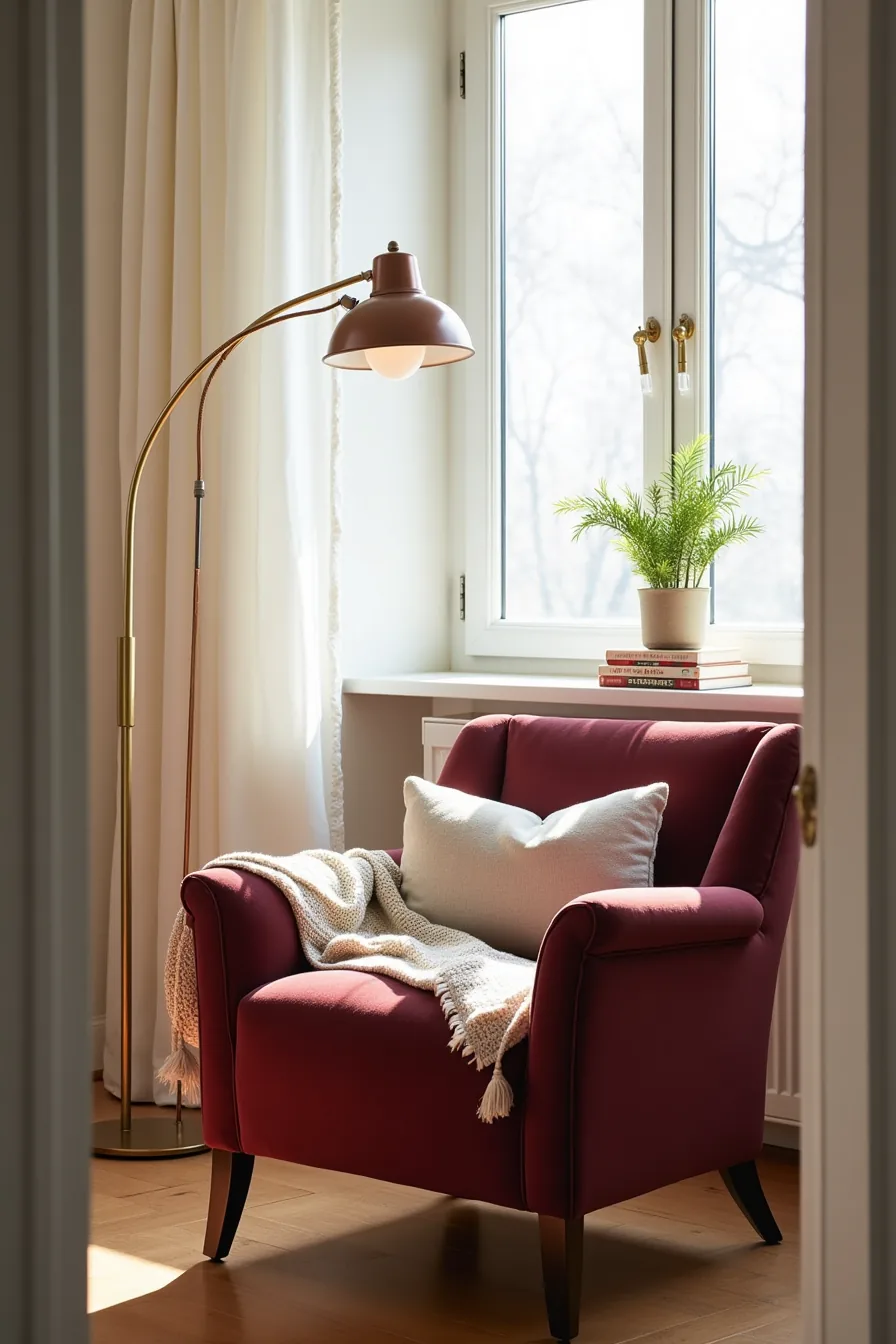 Burgundy velvet armchair in window nook with brass arc lamp, knit blanket, pillow, and potted plant on sill.