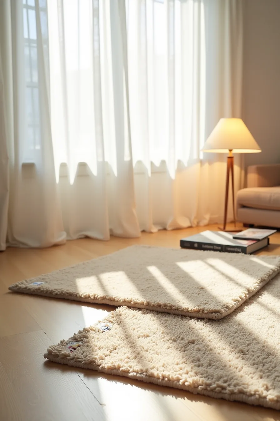 Three carpet samples—synthetic, area rug, and wool—displayed with price tags under natural daylight for comparison.