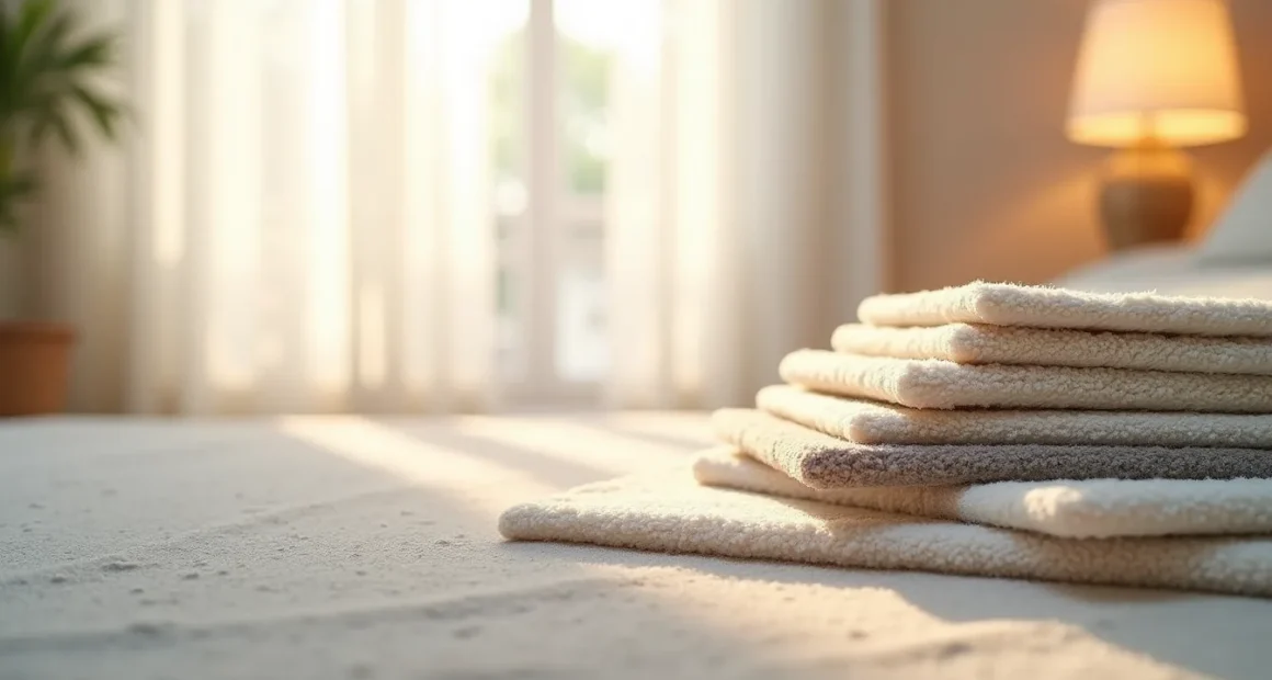 Four carpet samples with different pile heights arranged on linen, with natural light creating shadows that show texture