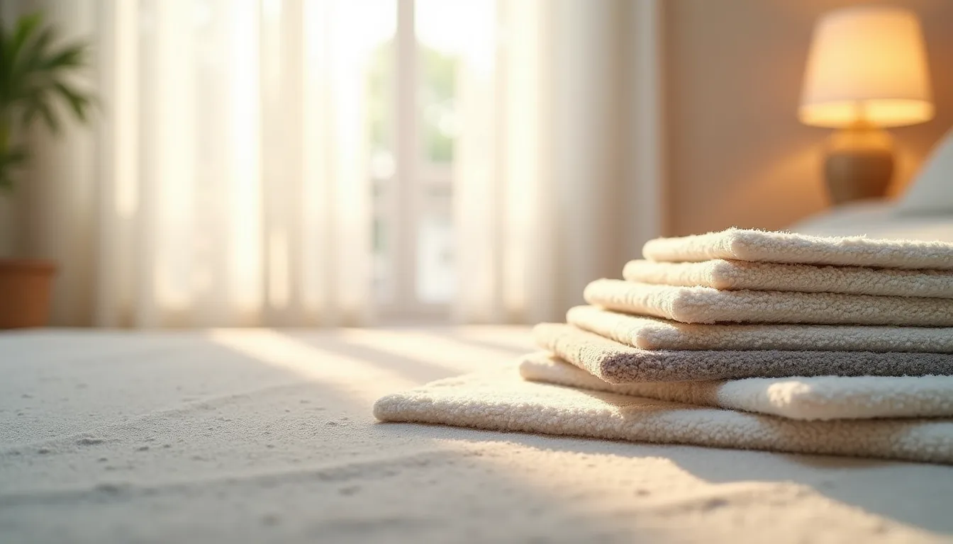 Four carpet samples with different pile heights arranged on linen, with natural light creating shadows that show texture