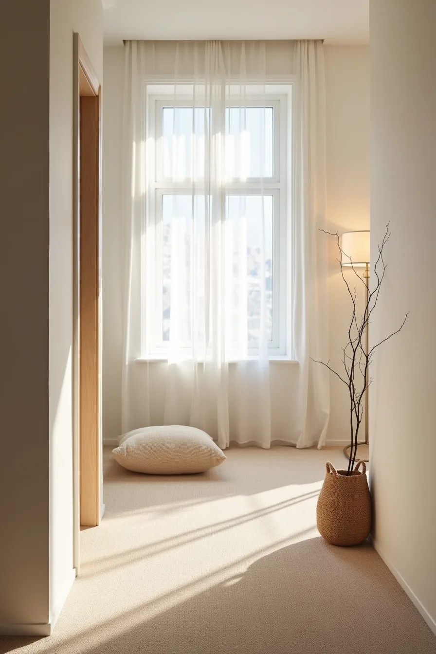 A hallway junction showing loop-pile carpet with a floor cushion and woven basket displaying texture and pattern depth.