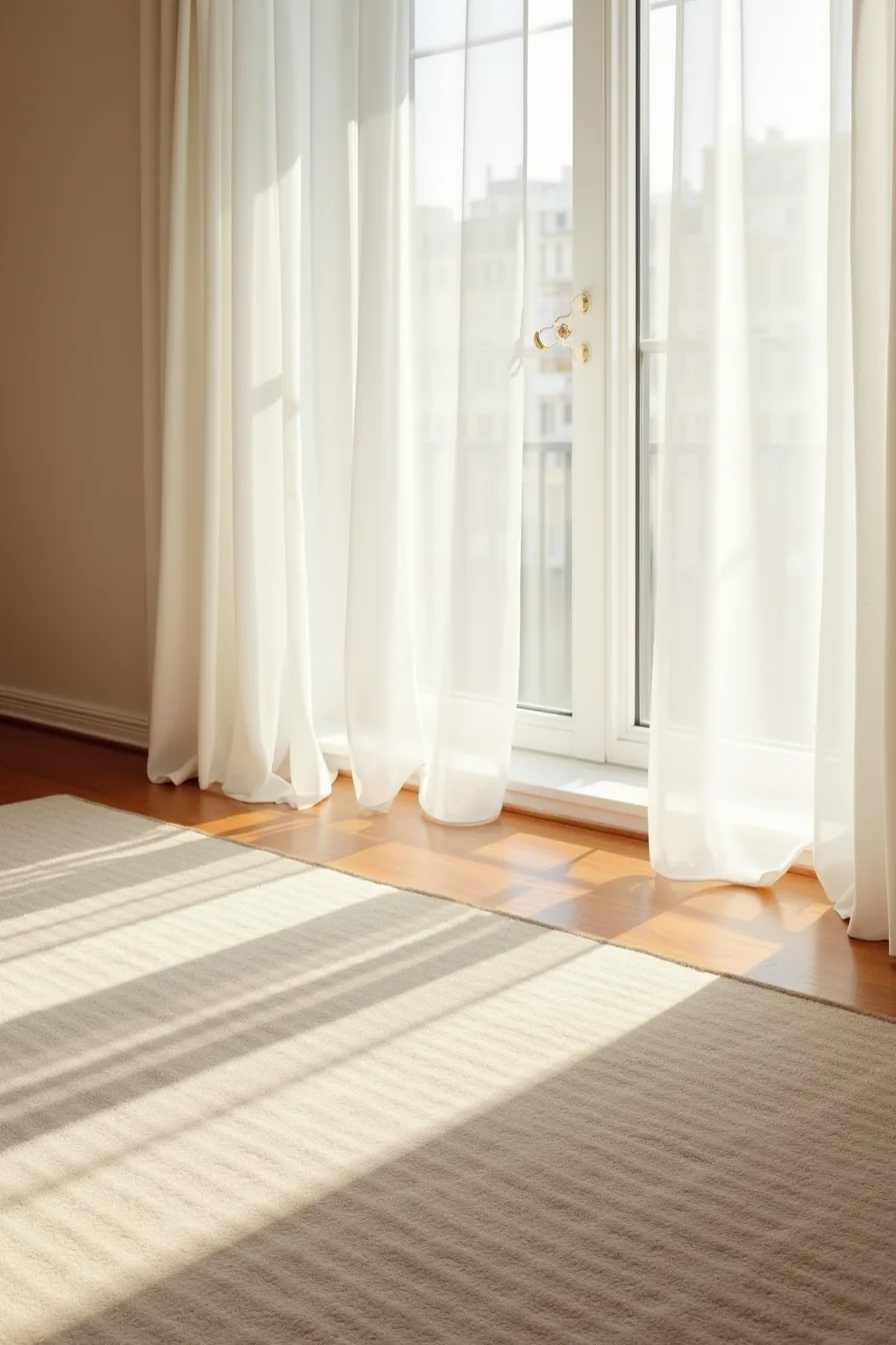 Two carpet types separated by a wooden threshold—geometric low-pile on the left and plush high-pile on the right.