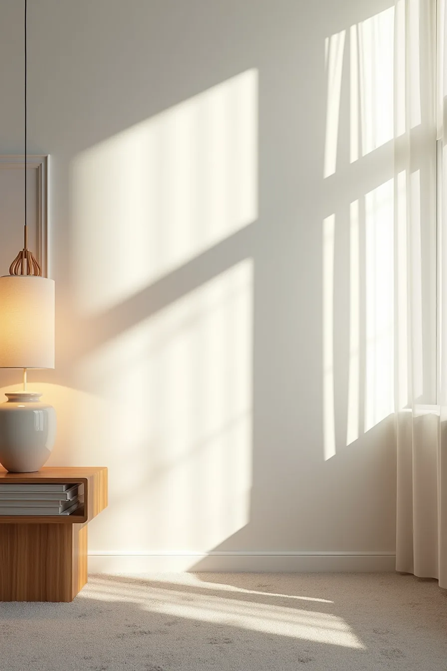 Warm gray wool-blend carpet with side-lighting revealing fiber luster, styled with a ceramic vase and wooden table.