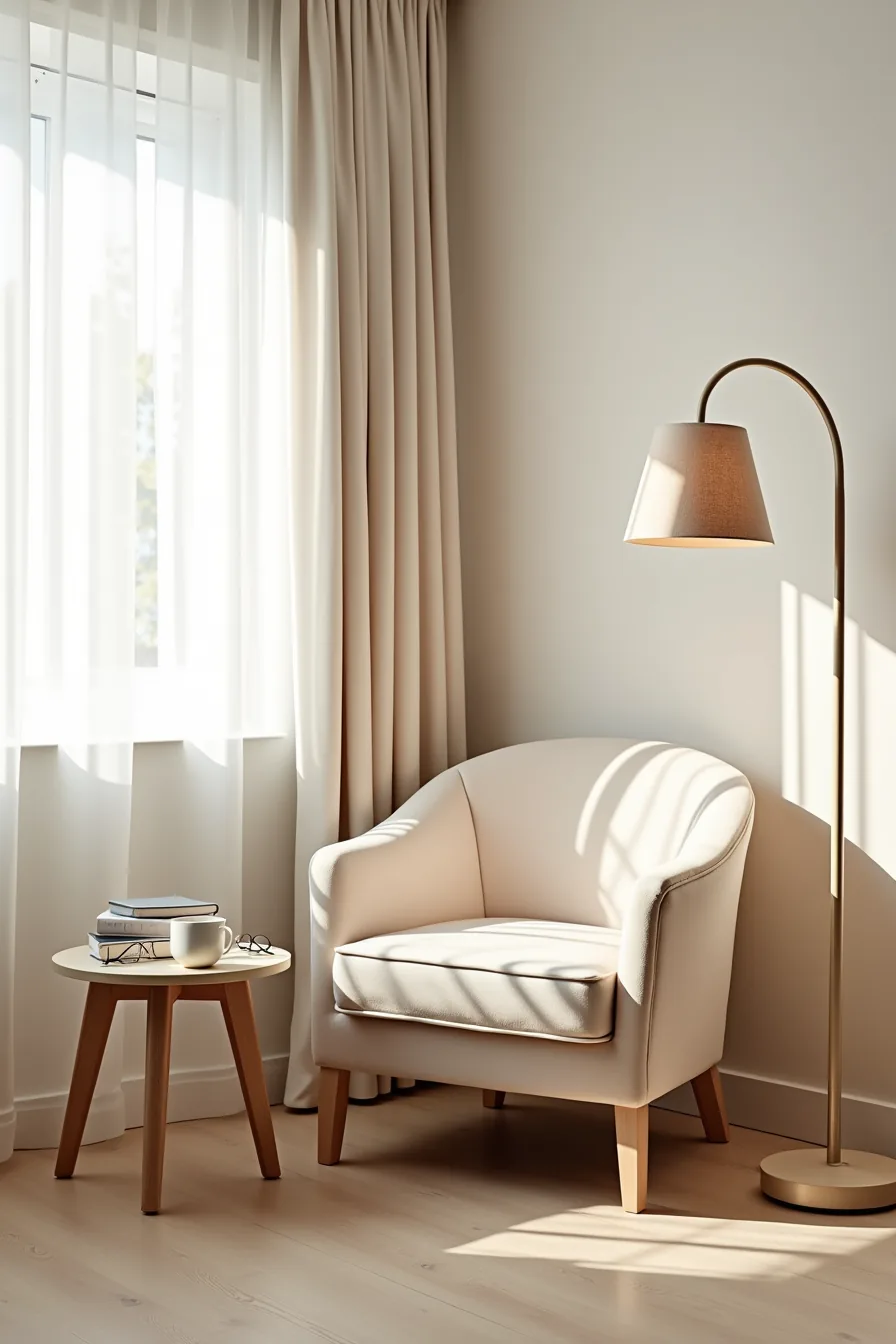 Barrel chair in corner with round side table, ceramic cup, reading glasses, and arcing floor lamp beside window light.