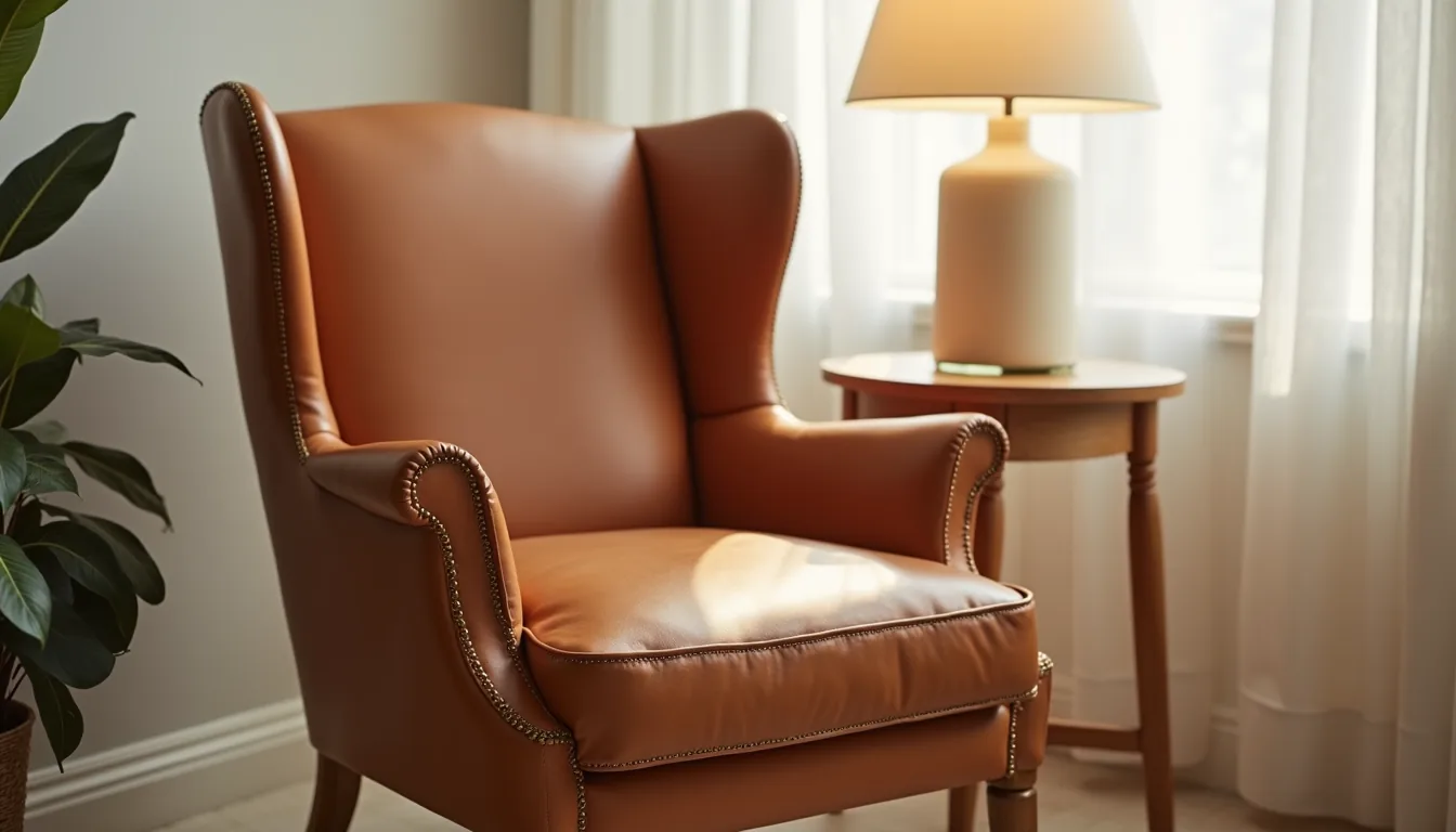 Hand-stitched cognac leather wingback chair arm with brass ferrules on wooden legs, lit to show texture and patina.