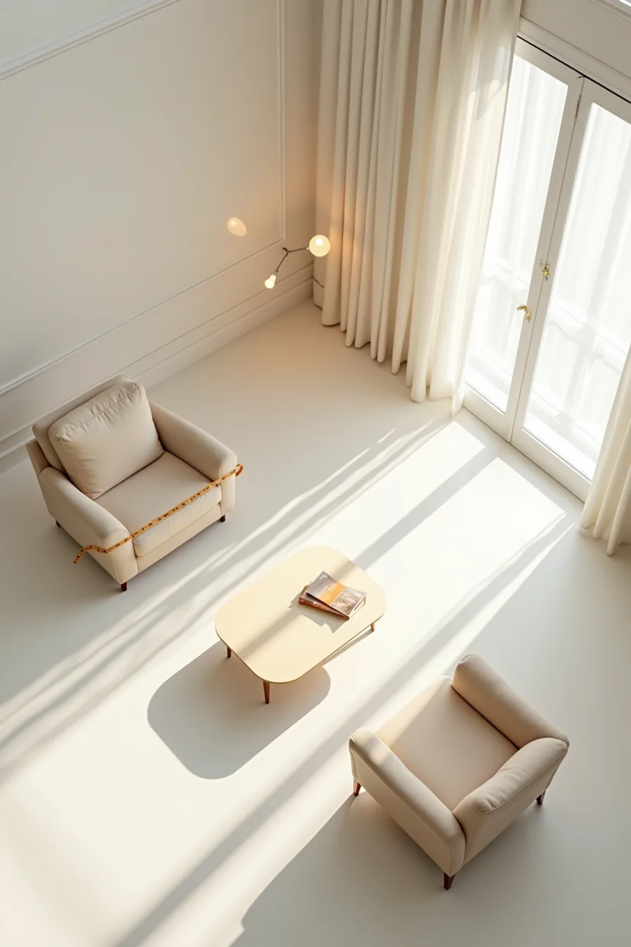 Overhead floor plan showing luxury chair with spacing, coffee table, measuring tape, and doorway marked with tape.
