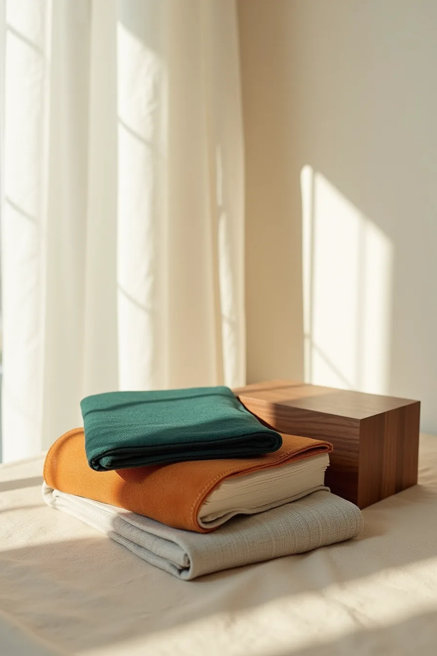 Three luxury material samples arranged flat: cognac leather, emerald velvet, and polished walnut wood, photographed from