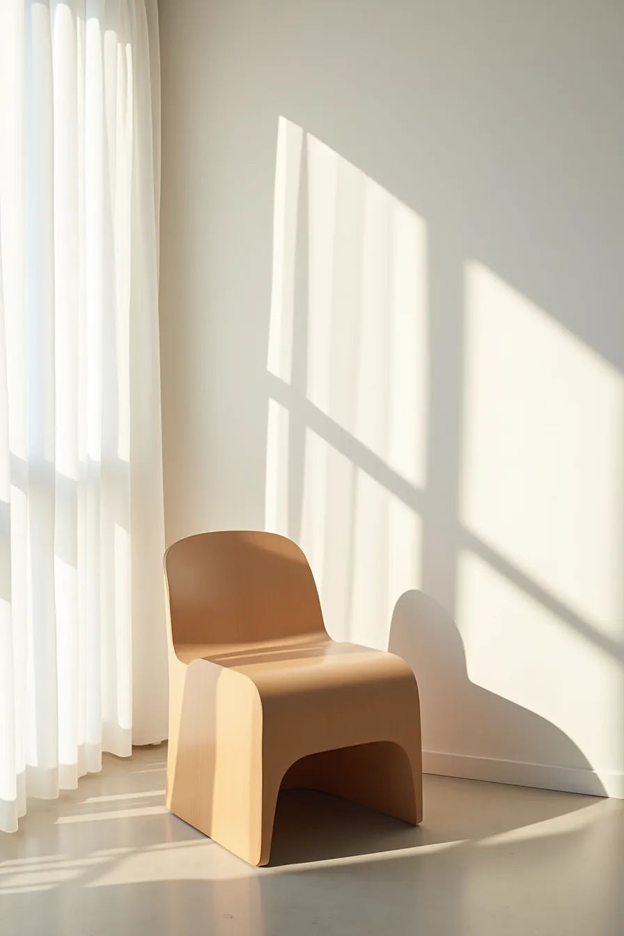 Molded plywood chair with organic curves casting a sharp shadow on white wall, set on polished concrete floor.