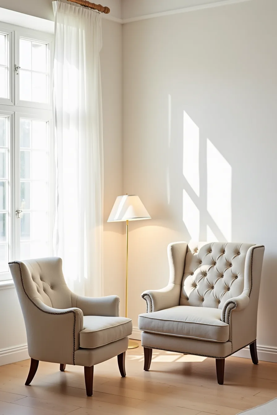 Linen slipper chair beside tufted wingback with nailhead trim, showing contrasting silhouettes at eye level.