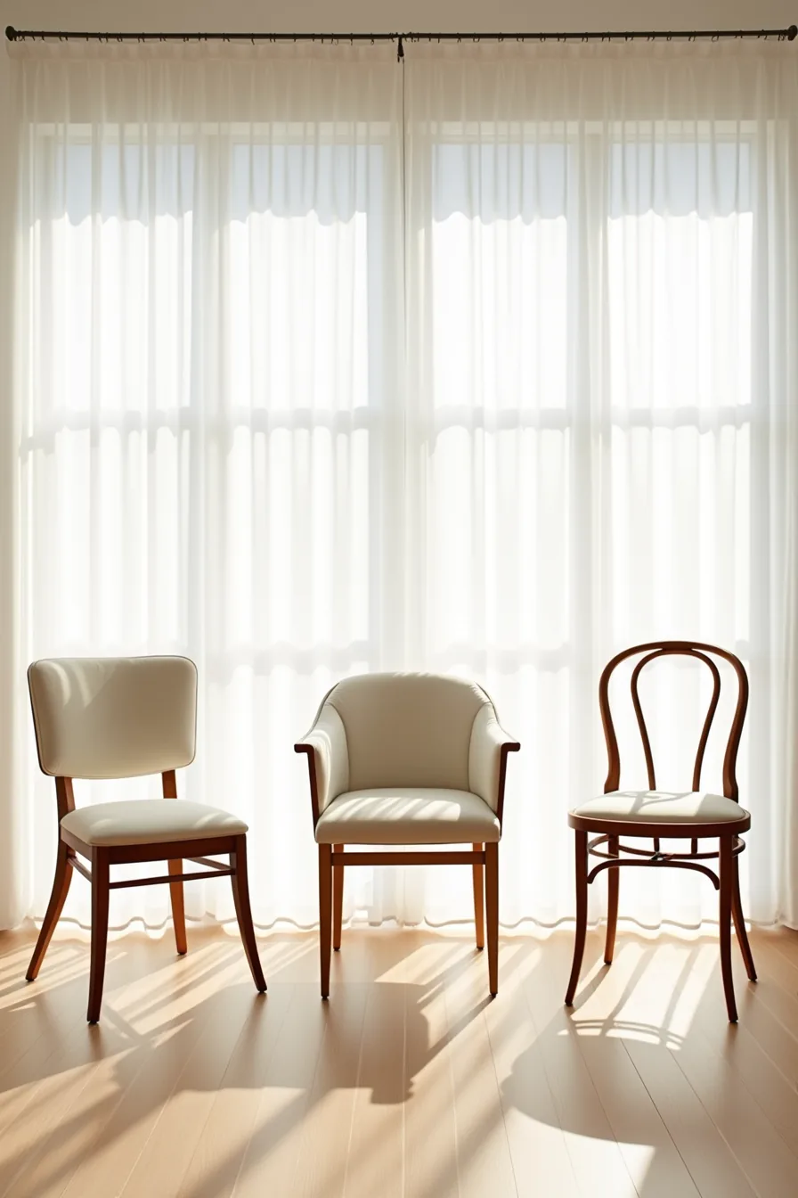 Mid-century frame chair, contemporary upholstered accent chair, and classic bentwood bistro chair arranged in a row on wood