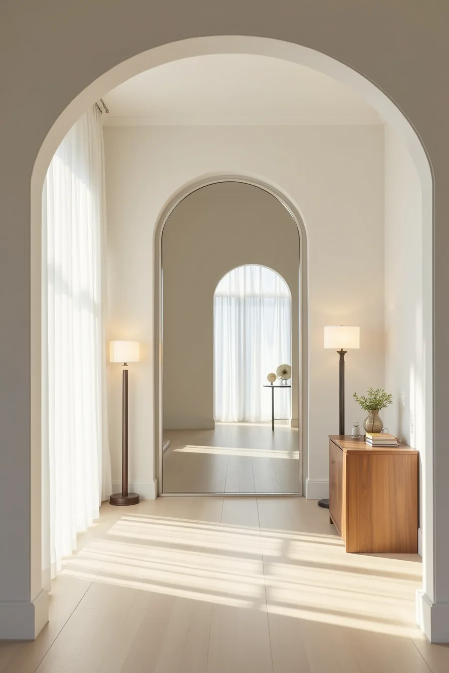 Large arched mirror positioned off-center in an entryway, flanked by a console table and open passageway.