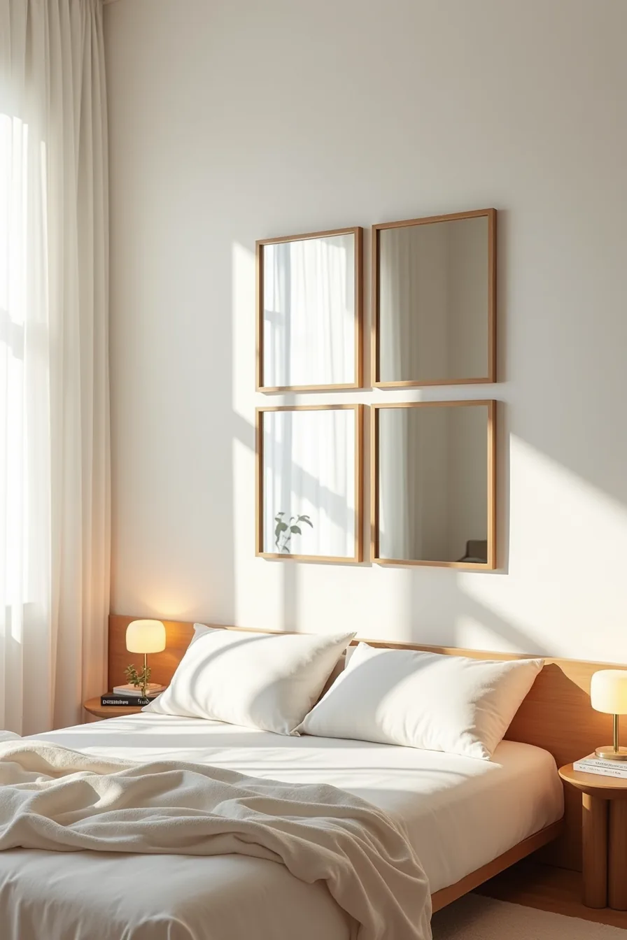 Four brass-framed mirrors arranged in a grid above a platform bed with linen bedding and wooden chair nearby.