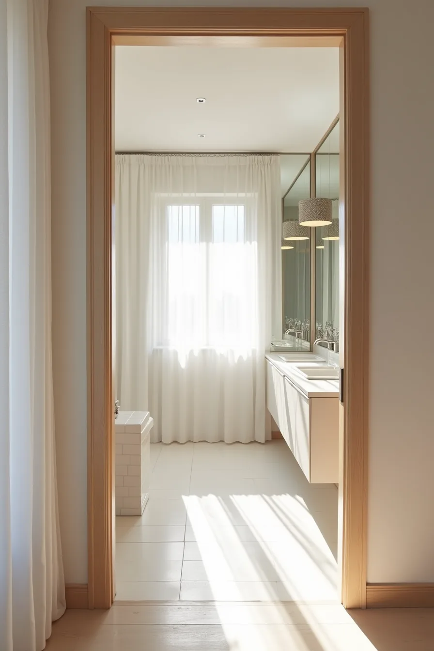 Continuous mirror panels span a bathroom wall above white subway tiles and a floating vanity with nickel fixtures.