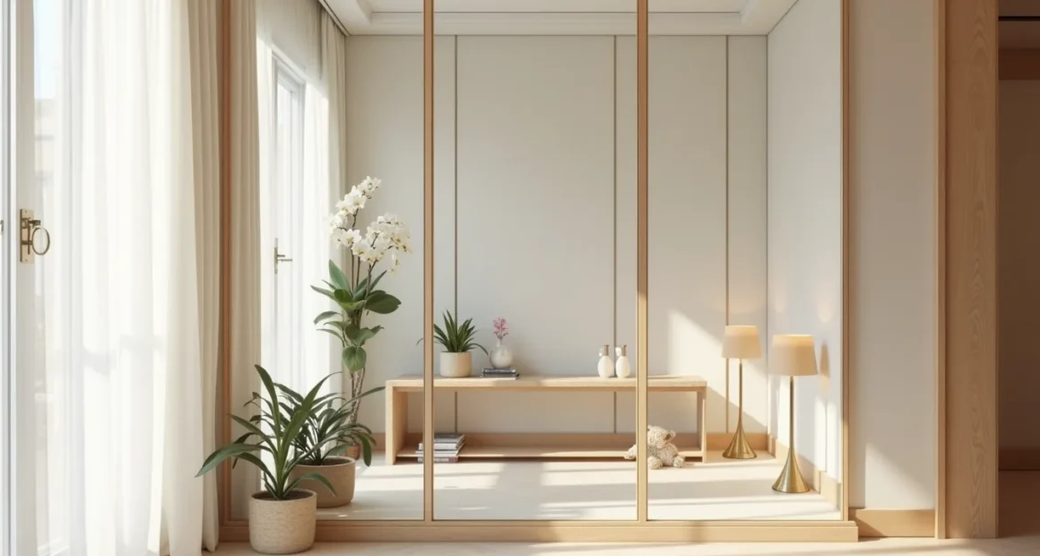 Floor-to-ceiling mirrored panels in an entryway reflect a marble console, orchid plant, and hanging pendant light.