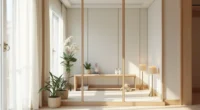 Floor-to-ceiling mirrored panels in an entryway reflect a marble console, orchid plant, and hanging pendant light.