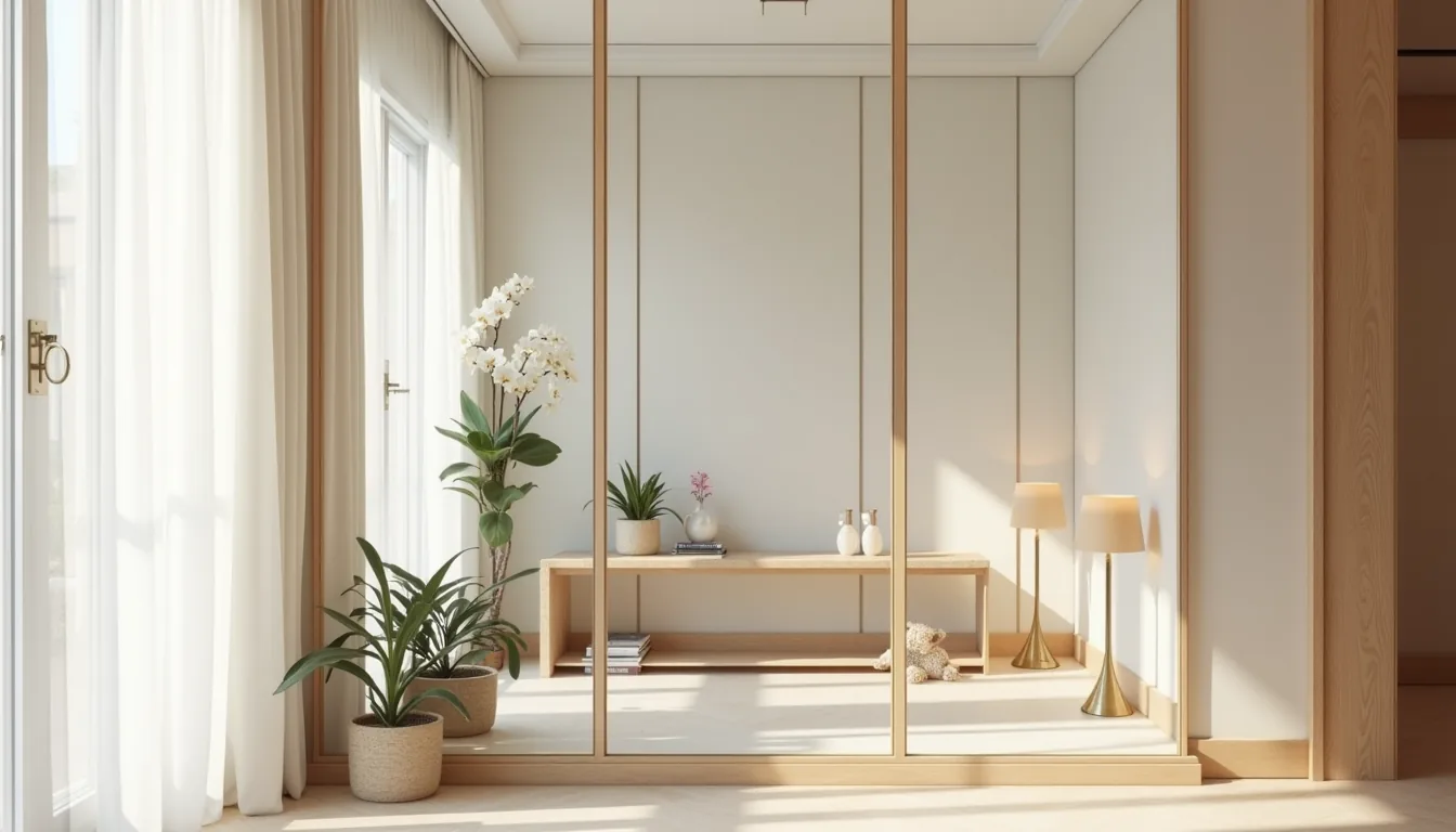 Floor-to-ceiling mirrored panels in an entryway reflect a marble console, orchid plant, and hanging pendant light.
