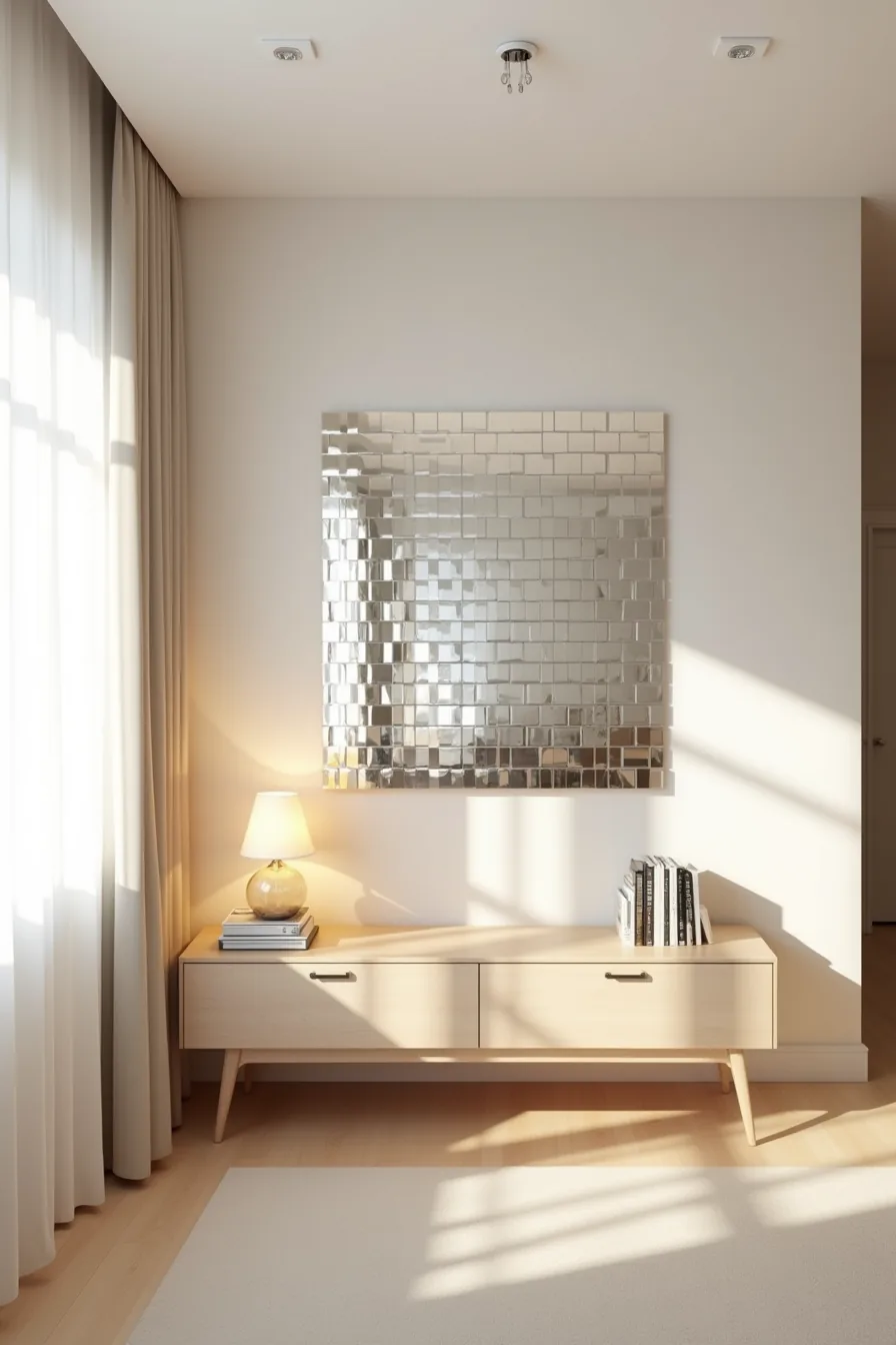 Adhesive-backed mirror tiles form a geometric mosaic pattern on an accent wall above a low credenza.