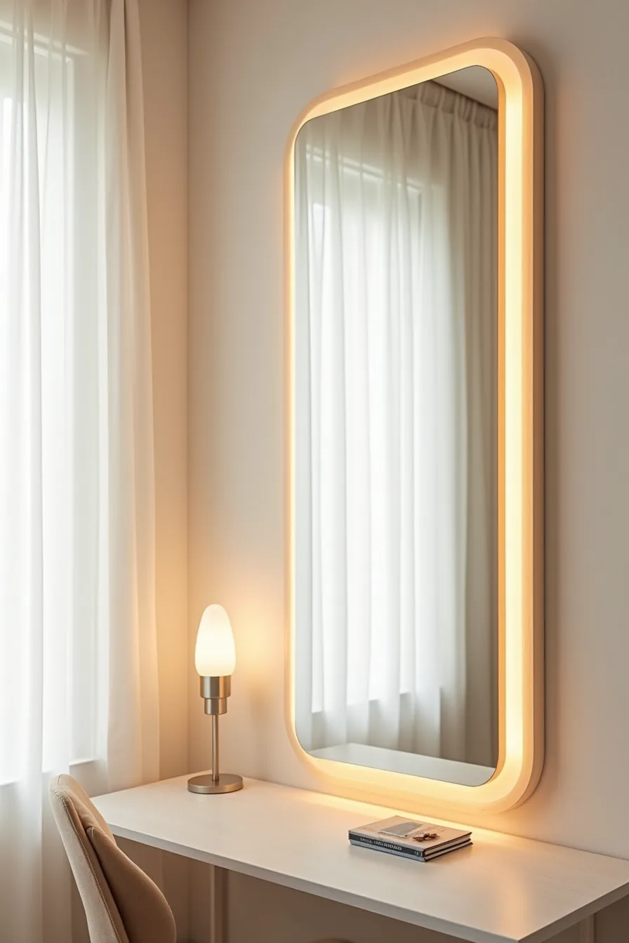 Large rectangular mirror with warm LED strip lighting along its edges creates a soft golden glow in a dressing corner.