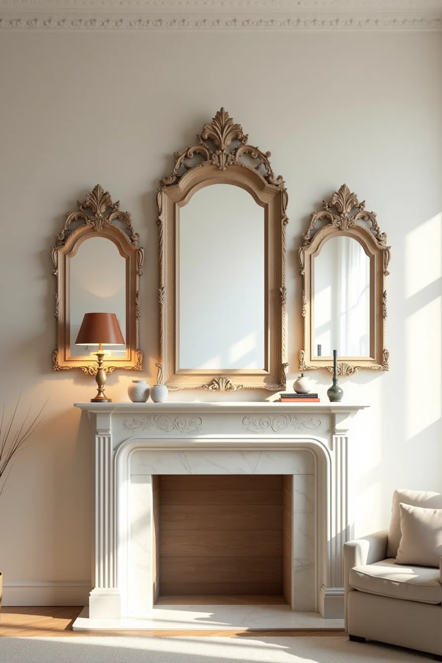 Three ornate carved-wood mirrors of different sizes hang asymmetrically above a marble fireplace mantel with lamp and
