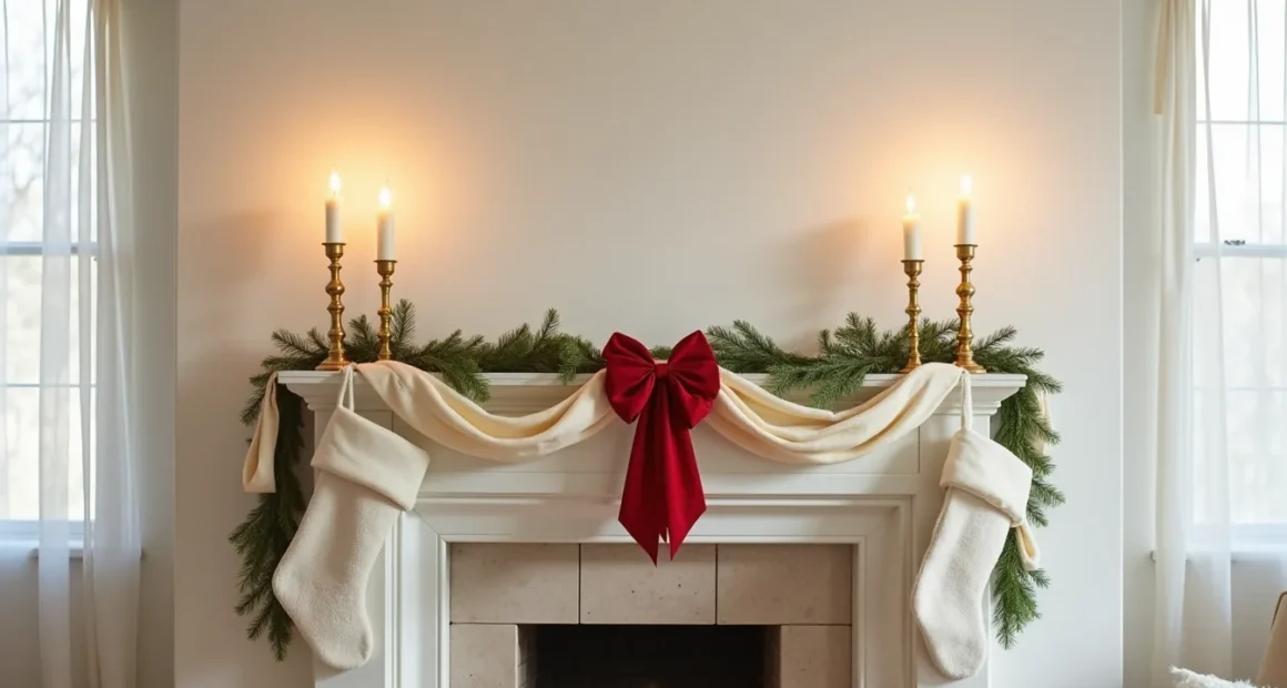 Fireplace mantle with draped cream garland, red velvet bow, gold candlesticks, and white stockings hung below.