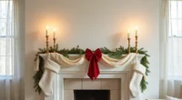 Fireplace mantle with draped cream garland, red velvet bow, gold candlesticks, and white stockings hung below.