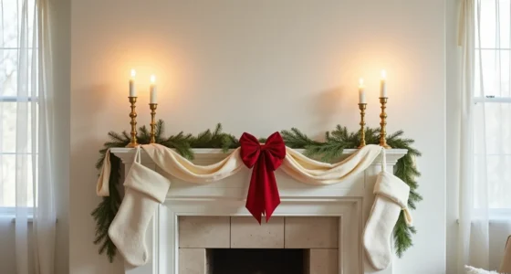 Fireplace mantle with draped cream garland, red velvet bow, gold candlesticks, and white stockings hung below.