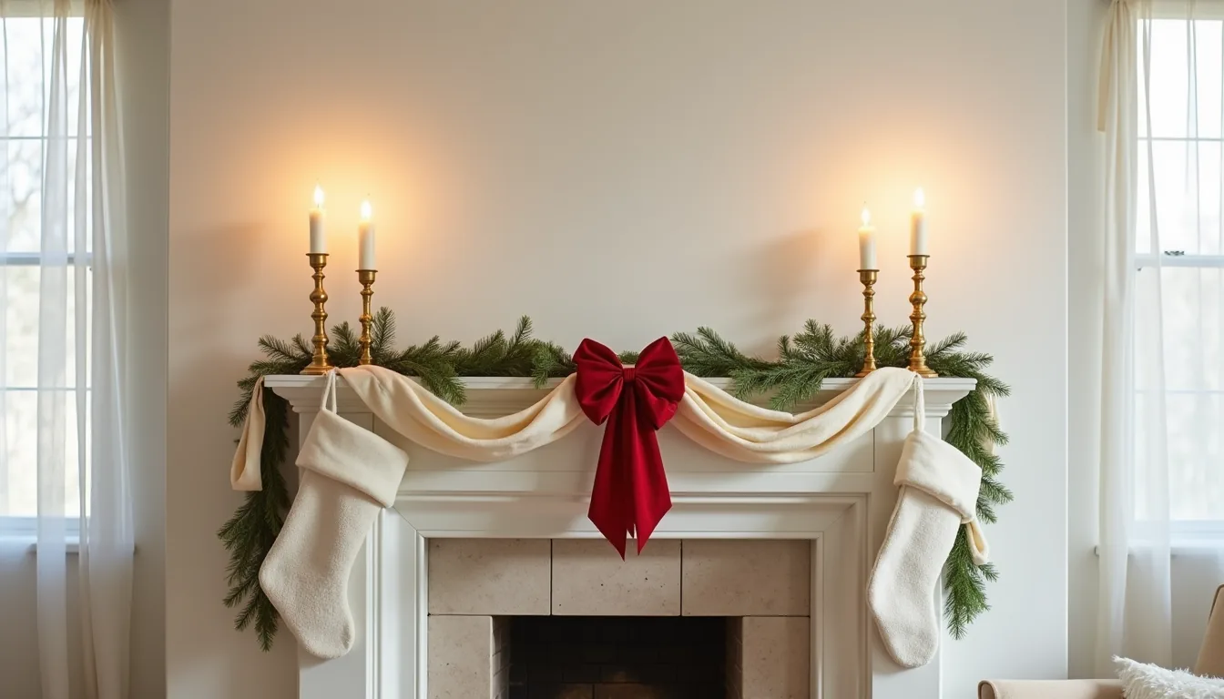 Fireplace mantle with draped cream garland, red velvet bow, gold candlesticks, and white stockings hung below.