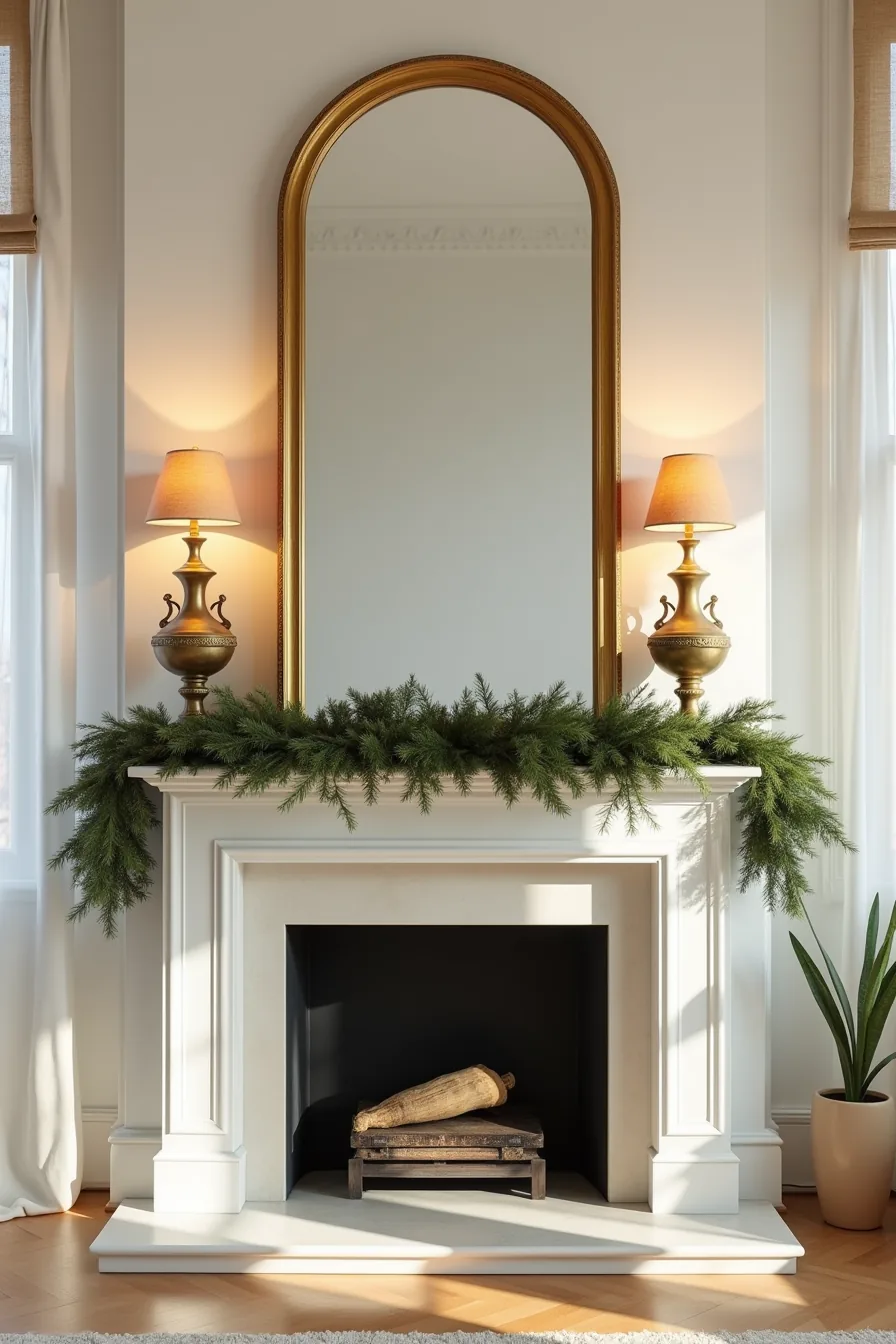 Mantle displays evergreen garland with a large gold-framed mirror above and brass urns at each end.
