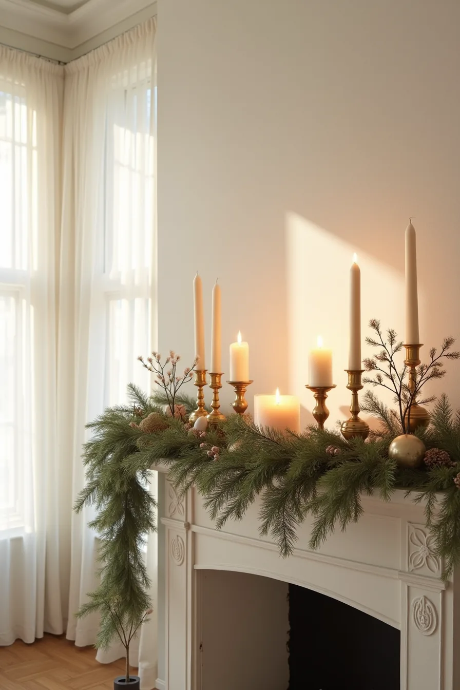 Traditional mantle displays layered garland, three candelabras at different depths, tall branches, and small forward objects.