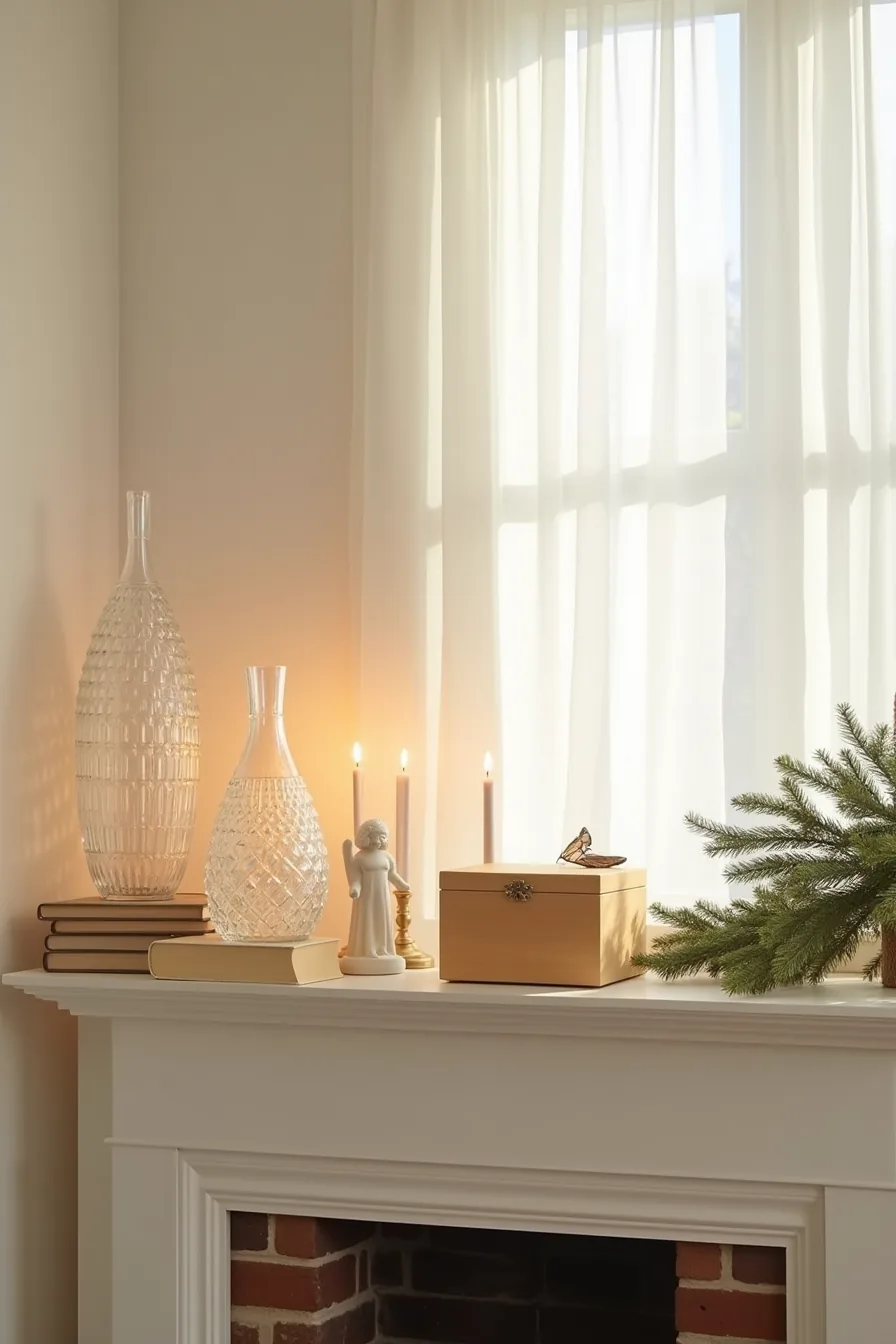 Mantle features mercury glass vase, wooden box, ceramic figurine, pine branches, and scattered candles at varying heights.