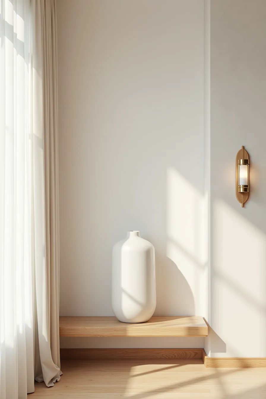 Modern mantle displays a single large white ceramic sculpture centered against a concrete wall.