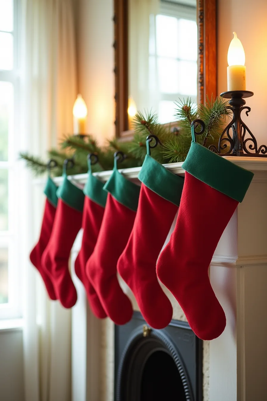 Five red and green stockings hang from iron holders across the mantle with greenery tucked between.