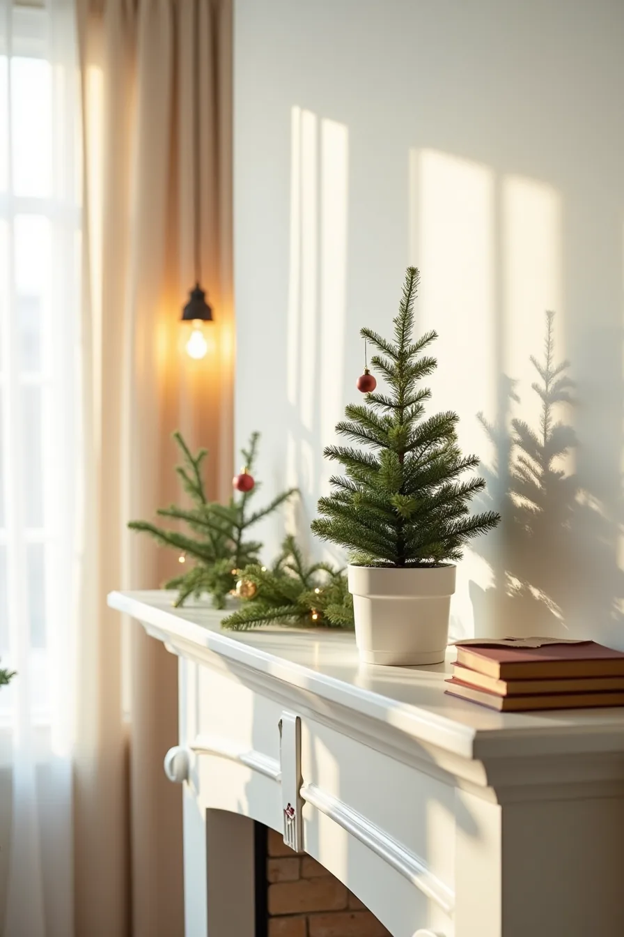 Mantle features adhesive hooks holding ornaments and garland swags with a potted evergreen and visible command strips.
