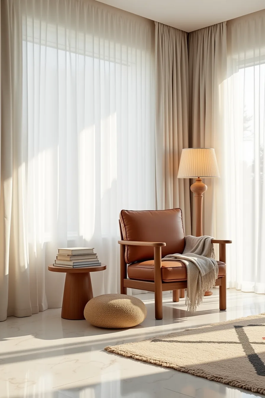 Cognac leather armchair on geometric rug with wooden side table, books, and woven poufs on marble floor.