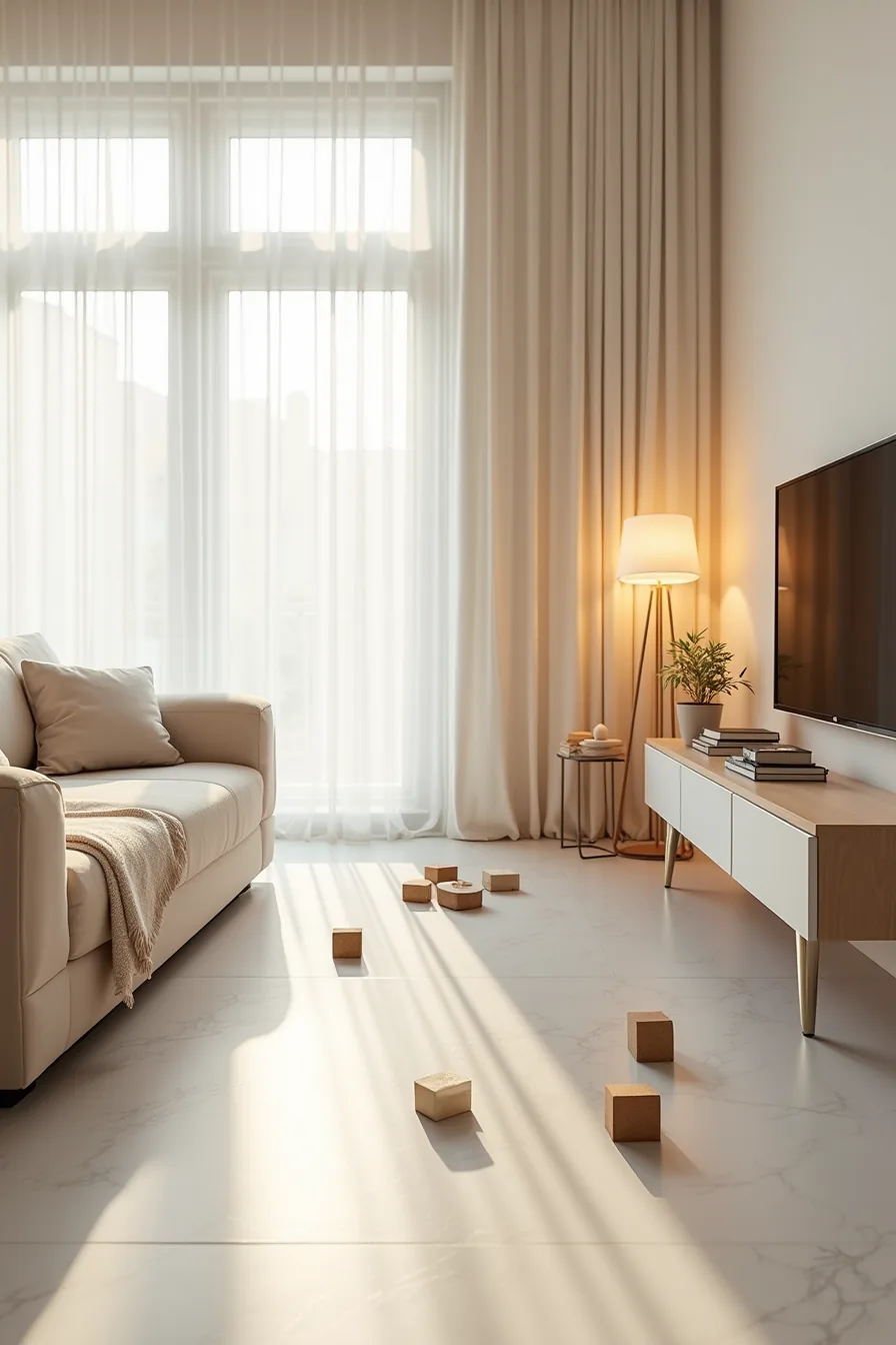 Sectional with slipcover and chrome coffee table on honed marble floor scattered with toy blocks and cleaning cloth.