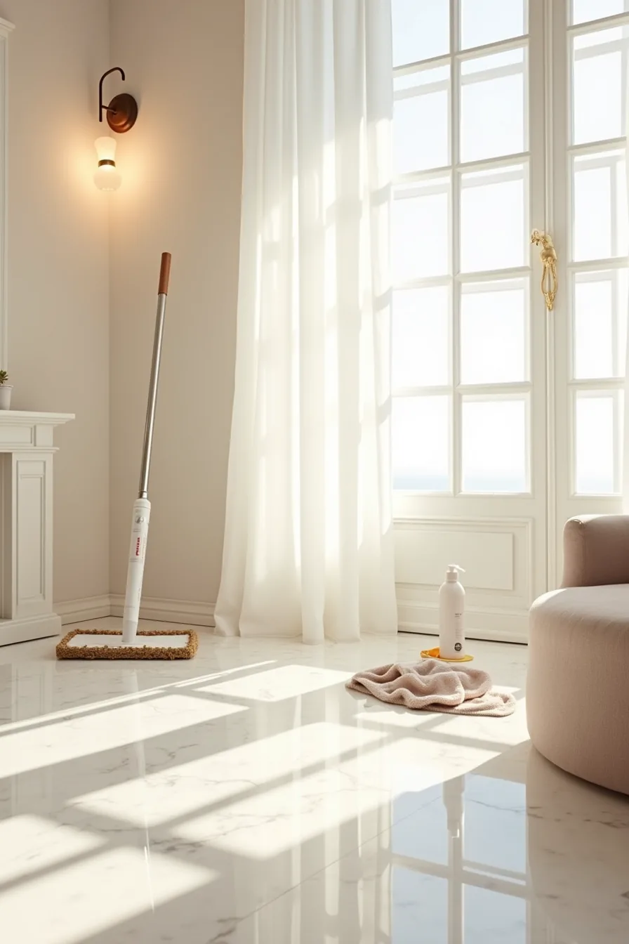 Marble floor with microfiber mop, pH-neutral cleaner, soft cloth, and sealer container displayed for maintenance.