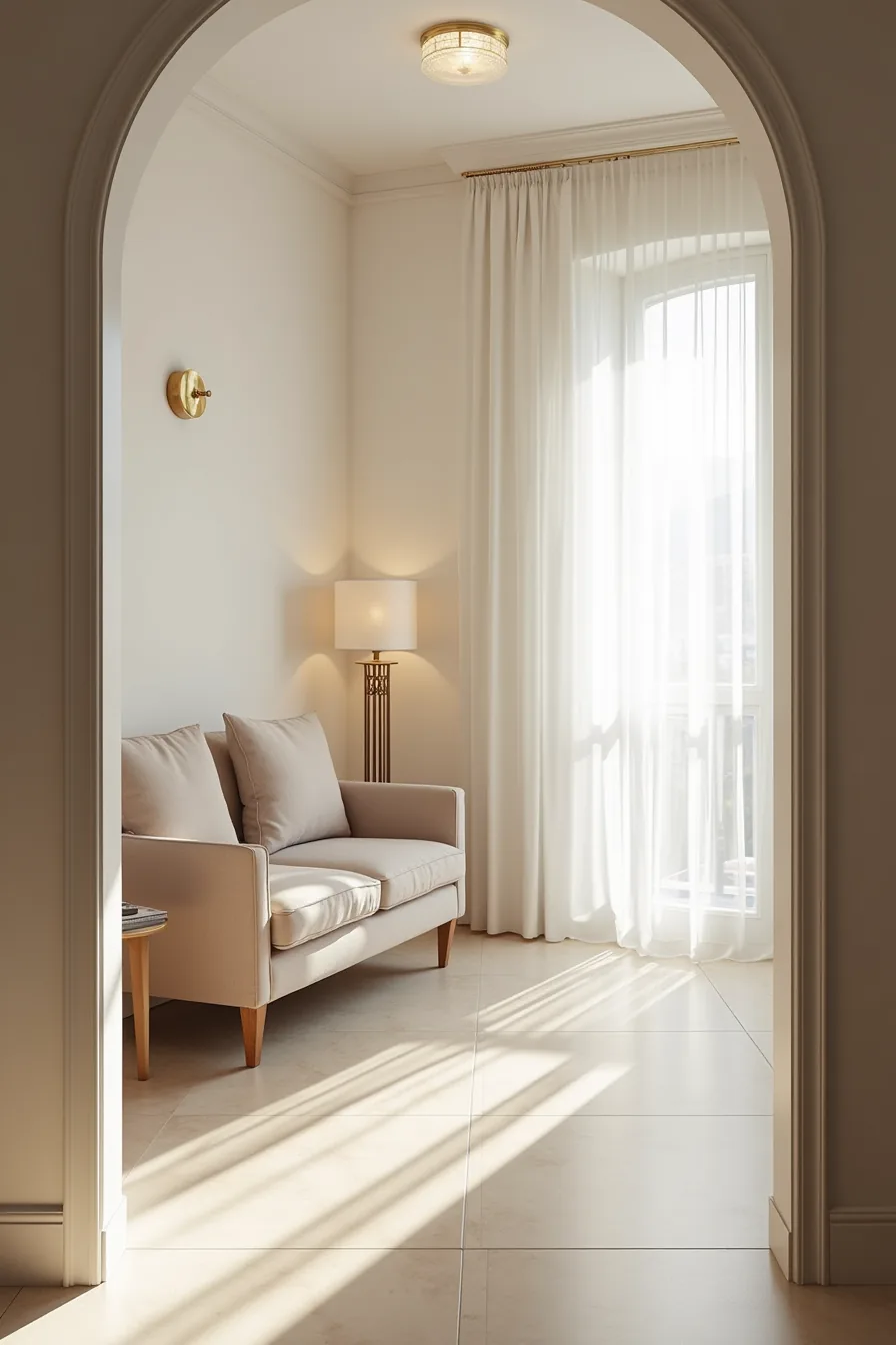 Compact loveseat and console table on marble-look tile floor with pendant light and round side table.