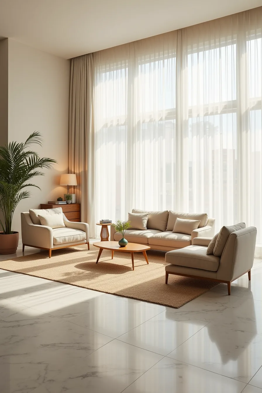 L-shaped seating arrangement centered on natural-fiber rug with marble floor border visible on all sides.