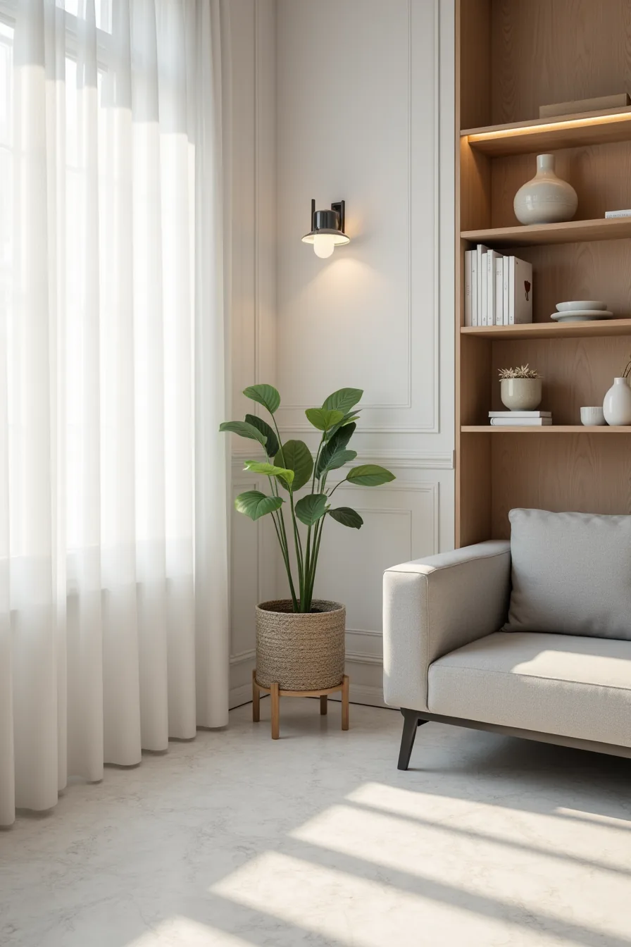 Peel-and-stick marble tiles transitioning from polished concrete with gray sofa and metal shelving nearby.