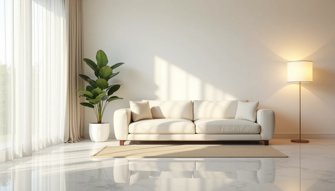 Cream sofa with brass lamp on polished marble floor, fiddle leaf fig in corner, neutral area rug visible.