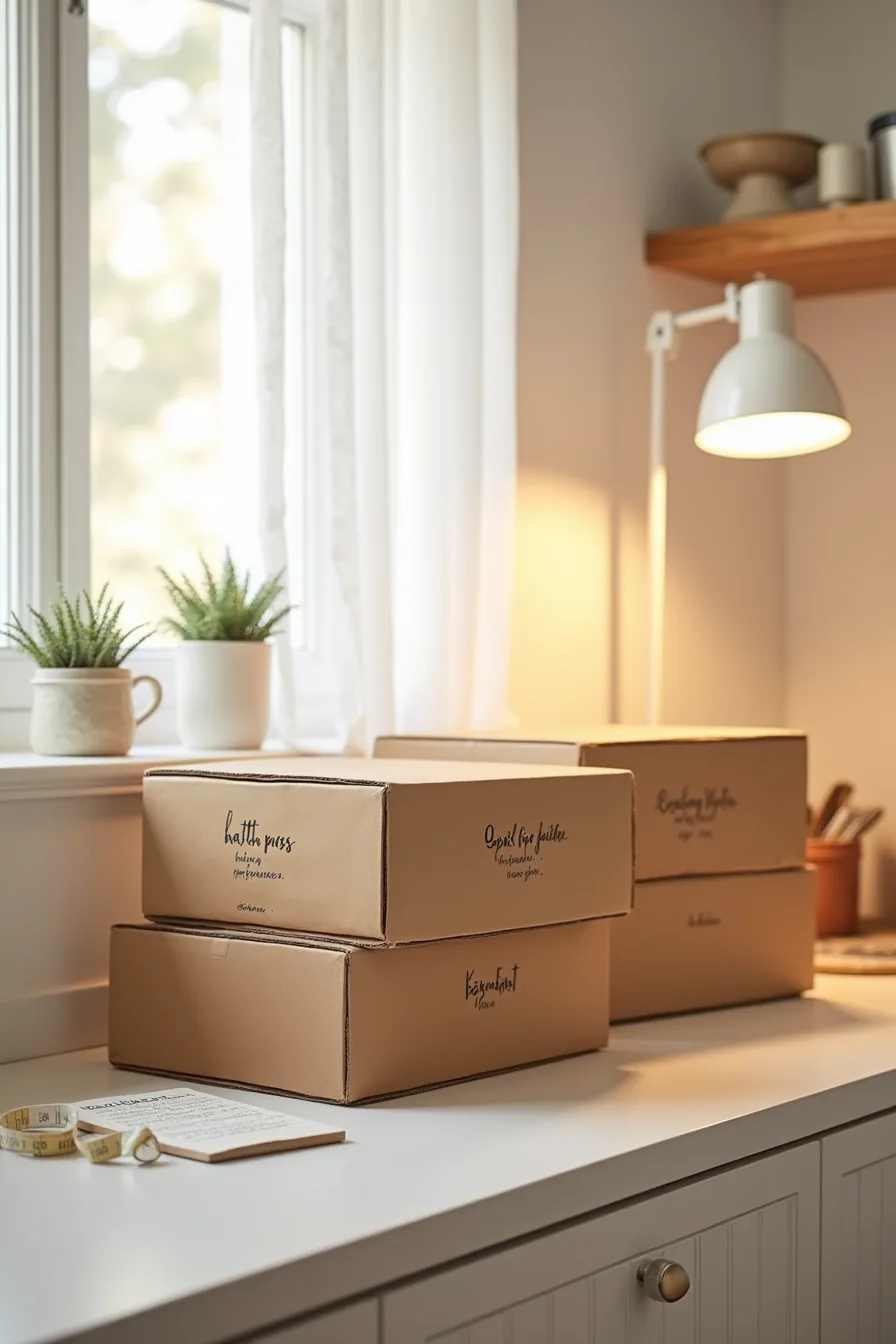 Three cardboard boxes on a kitchen counter sorted by category, with a measuring tape and notepad showing inventory counts